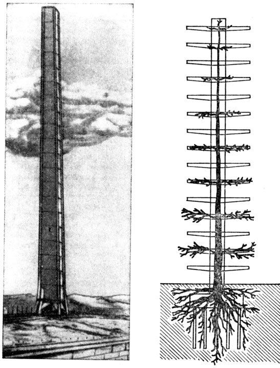 Рис. 25. Общий вид дома-города, разработанного английским инженером В. Фришменом (слева), и фундамент гигантской жилой башни, спроектированный по образцу корневой системы дерева (справа)
