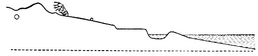 Фиг. 5. Сложный профиль морского берега, в условиях которого выводки черепах успешно ориентируются и находят путь к морю (гнездо показано кружком слева)