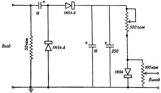 Фиг. 4. Схема выпрямителя с удвоением напряжения. Выпрямленное напряжение интегрируется и поступает на нелинейный выходной элемент (см. текст)